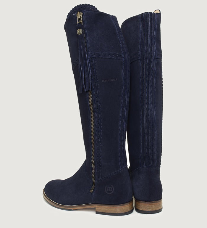 Bareback Sovereign suede tassel boots in blue, angled front view of the pair