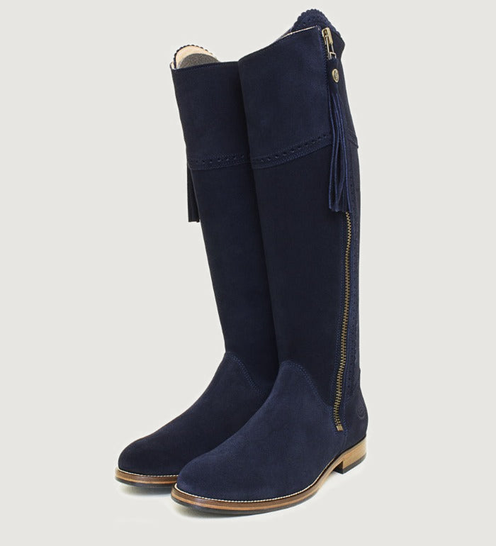 Bareback Sovereign suede tassel boots in blue, angled view showing the zips and tassels