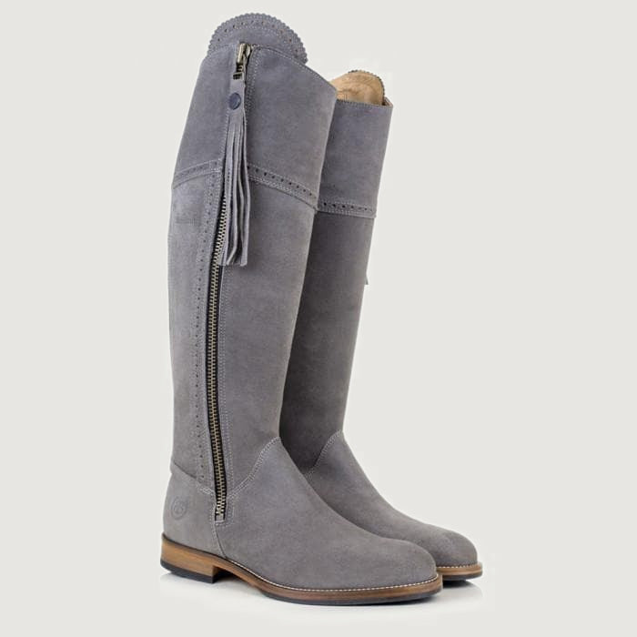 Bareback Sovereign suede tassel boots in grey, angled front view of the pair
