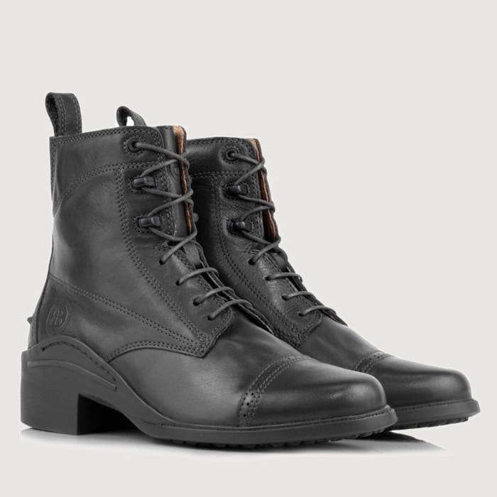 Bareback Windsor jodhpur riding boots in black leather, angled front view of the pair