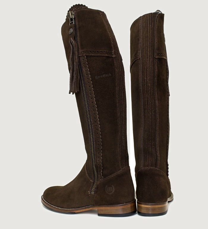 Bareback Sovereign suede tassel boots in brown, rear three-quarter view showing the zip tassels