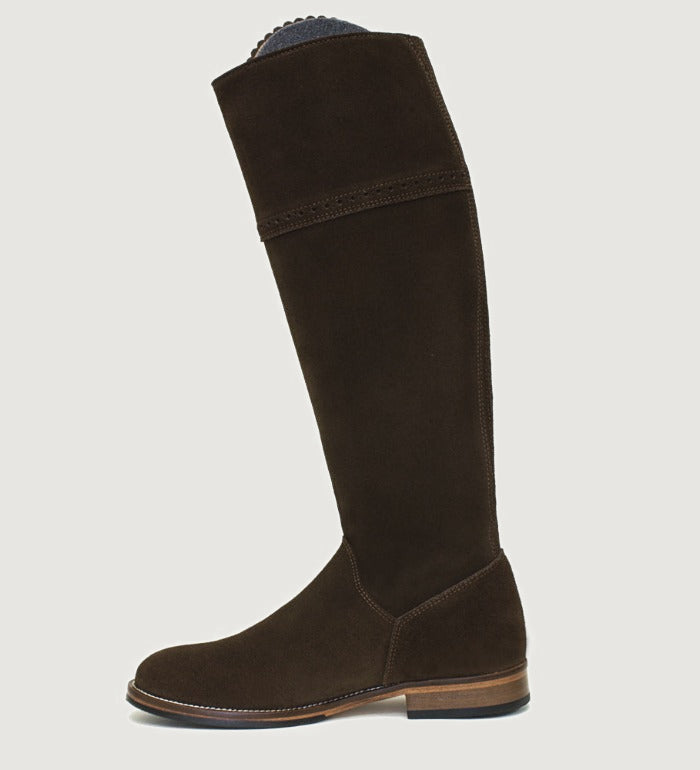 Bareback Sovereign suede tassel boots in brown, plain side view of a single boot