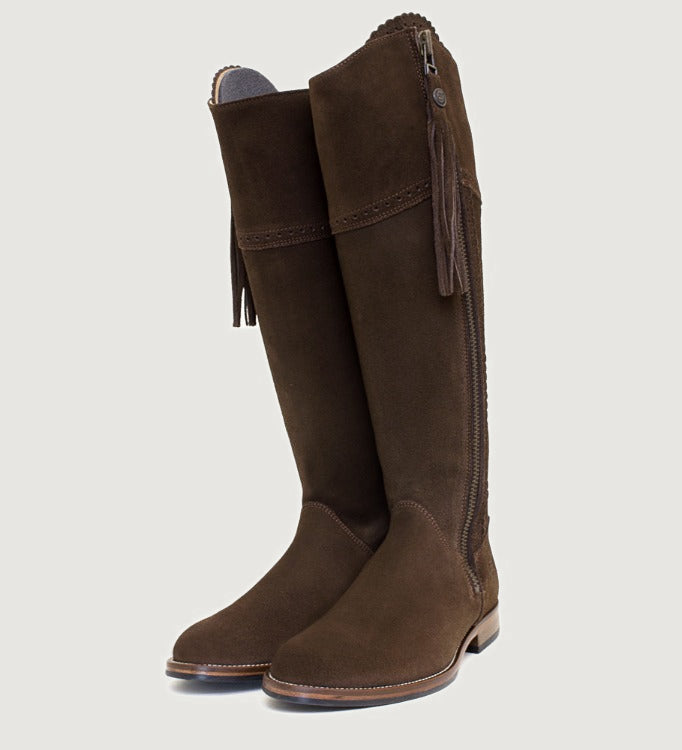 Bareback Sovereign suede tassel boots in brown, angled front view of the pair
