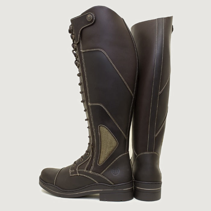 Bareback Kentucky long riding boots in chocolate leather, angled view of the pair