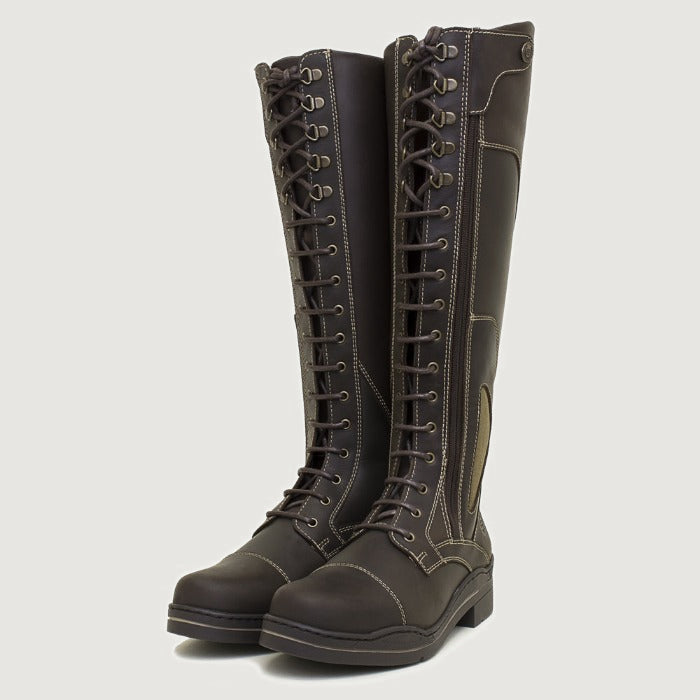 Bareback Kentucky long riding boots in chocolate leather, front view of the pair showing the lace panel