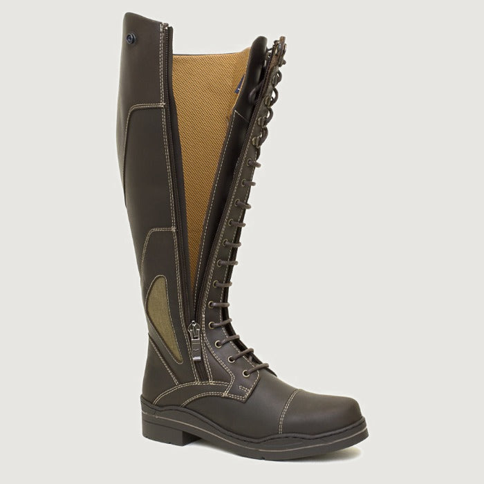 Bareback Kentucky long riding boots in chocolate leather, side view showing the full-length zip