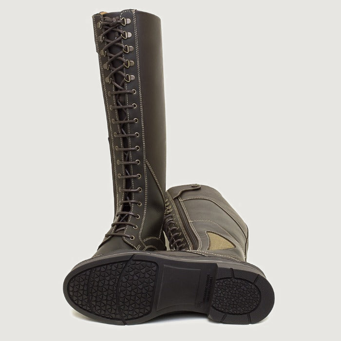 Bareback Kentucky long riding boots in chocolate leather, showing the patterned rubber outsole