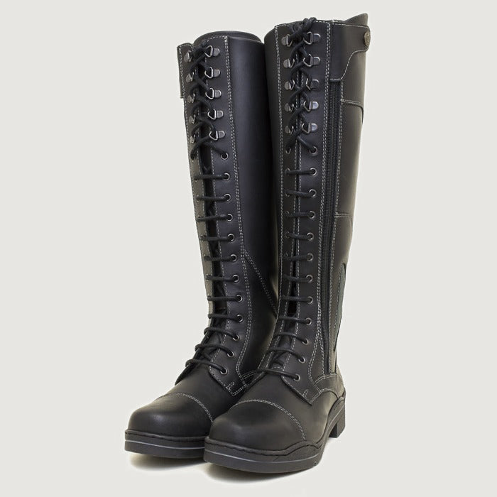 Bareback Kentucky long riding boots in black leather, front view of the pair showing the lace panel