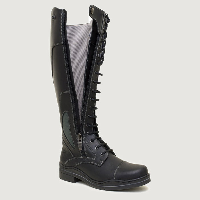 Bareback Kentucky long riding boots in black leather, side view showing the elasticated lace panel