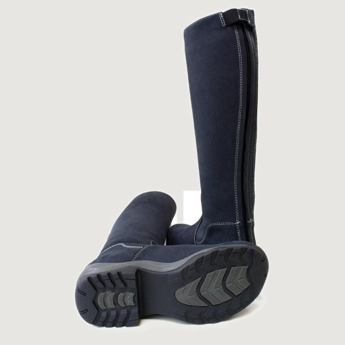Bareback Montana long riding boots in blue, showing the cleated rubber outsole