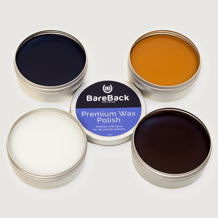 Bareback Footwear premium wax polish tins, 75ml, available in six colours