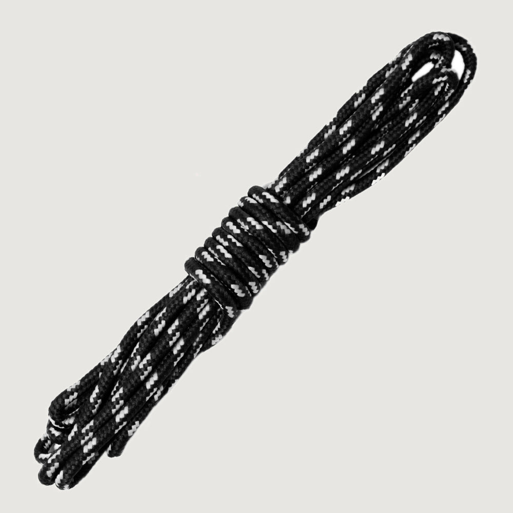 Bareback replacement boot laces in black and white fleck, coiled round laces