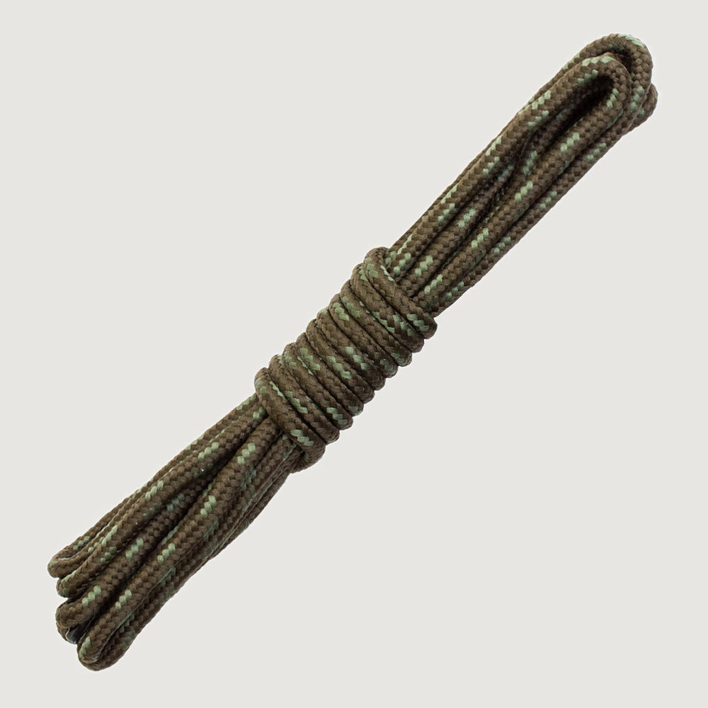 Bareback replacement boot laces in olive and khaki fleck, coiled round laces