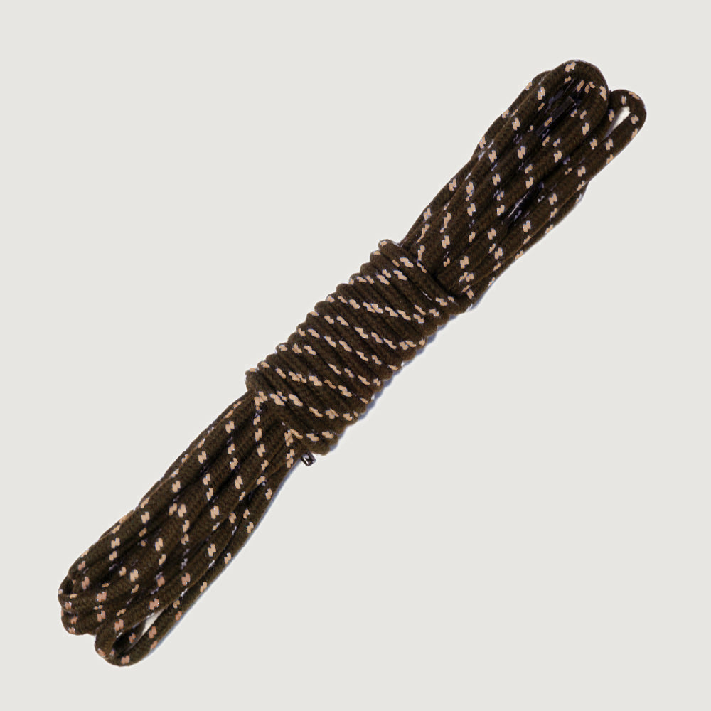 Bareback replacement boot laces in brown and tan fleck, coiled round laces