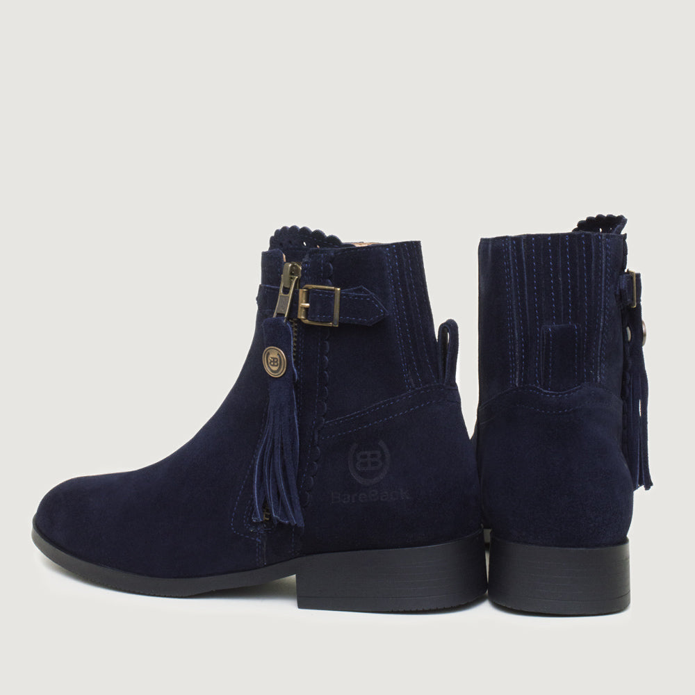 Bareback Valencia suede tassel ankle boots in navy, rear view showing the buckle and tassel