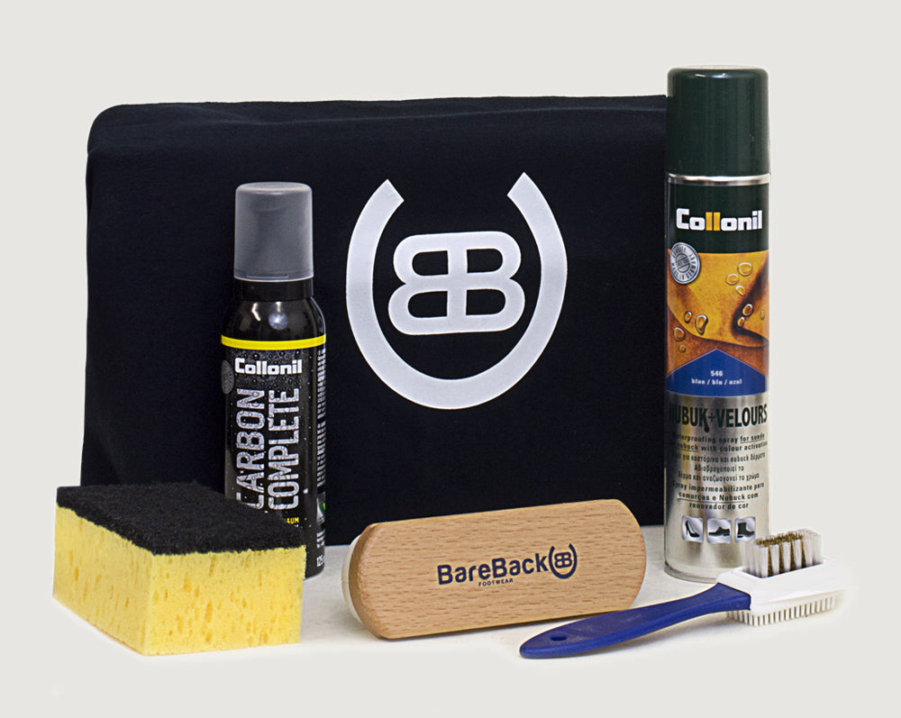 Bareback Montana boot care package, full contents laid out with the branded storage bag