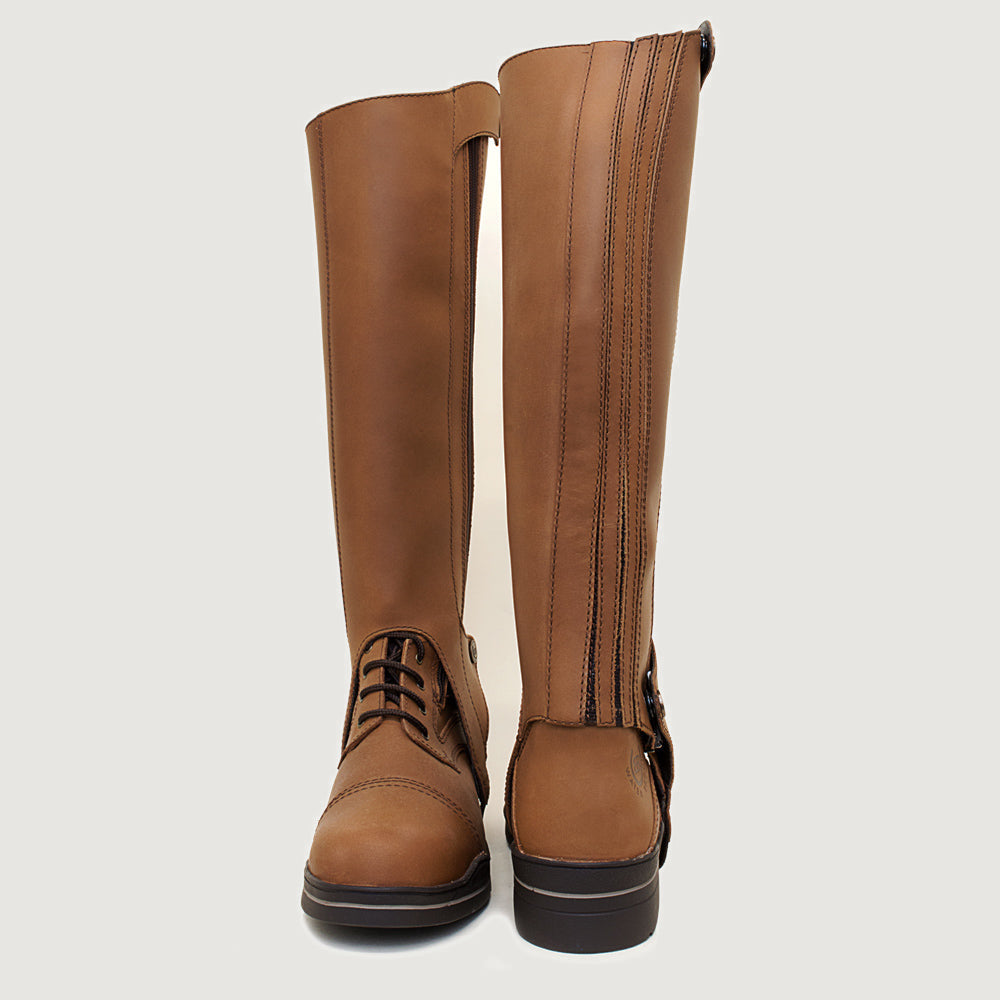 Bareback Kentucky half-chaps in mocha leather, front view worn over riding boots