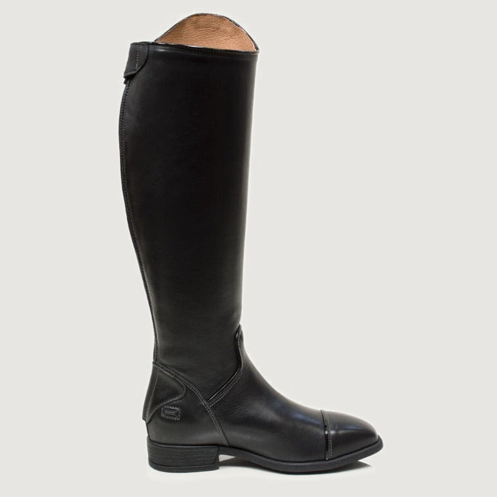 Bareback Georgia long riding boots in black leather, side view of a single boot
