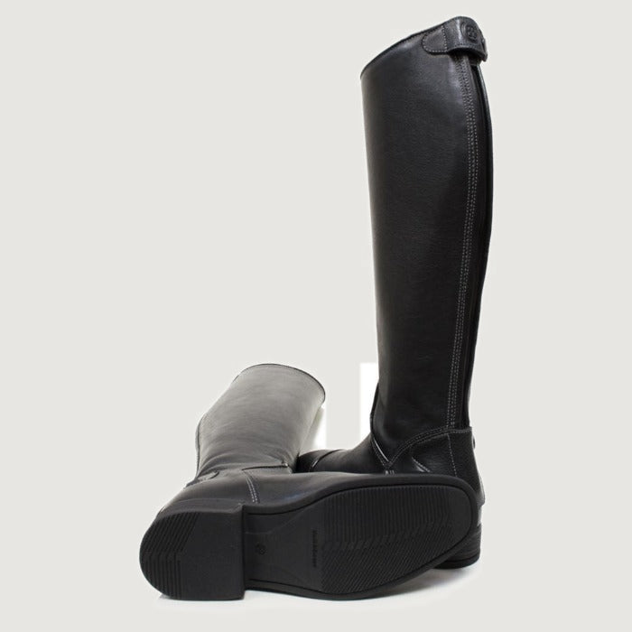 Bareback Georgia long riding boots in black leather, showing the rubber outsole