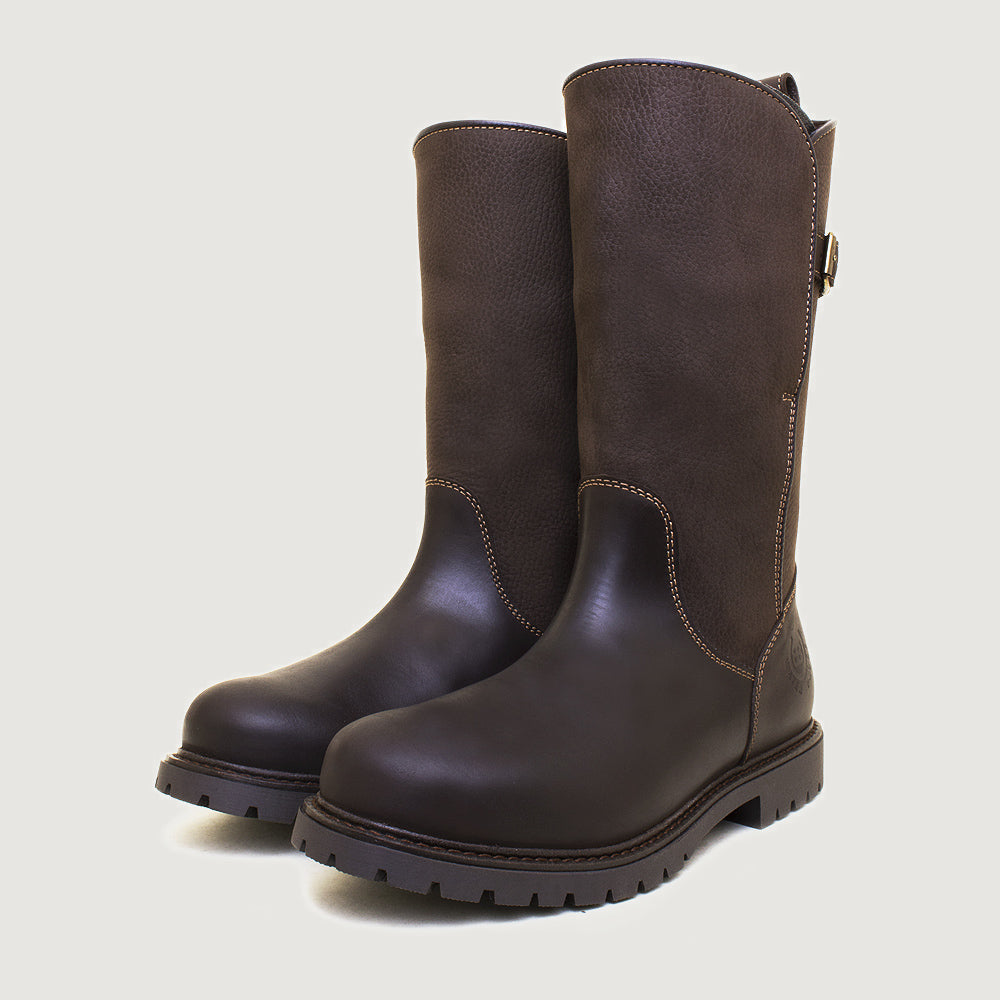 Bareback Quebec waterproof mid calf boots in brown, side view of a single boot