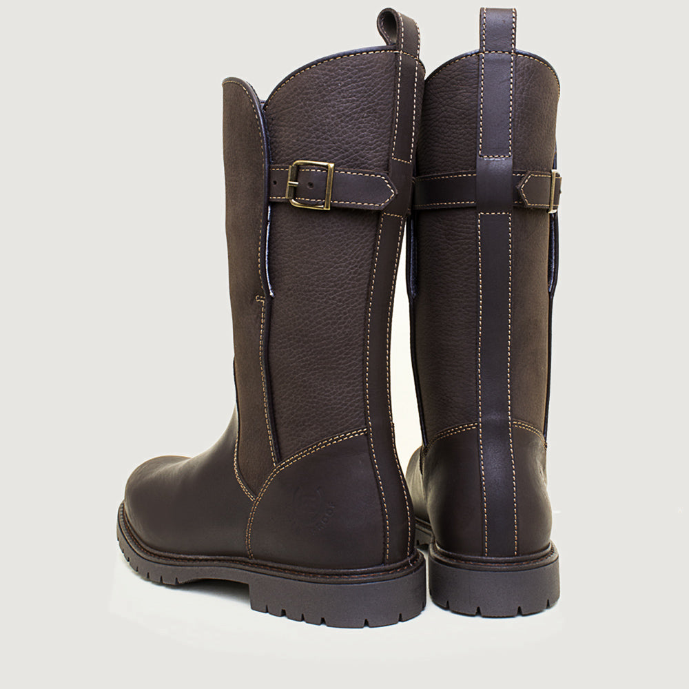Bareback Quebec waterproof mid calf boots in brown, angled front view of the pair