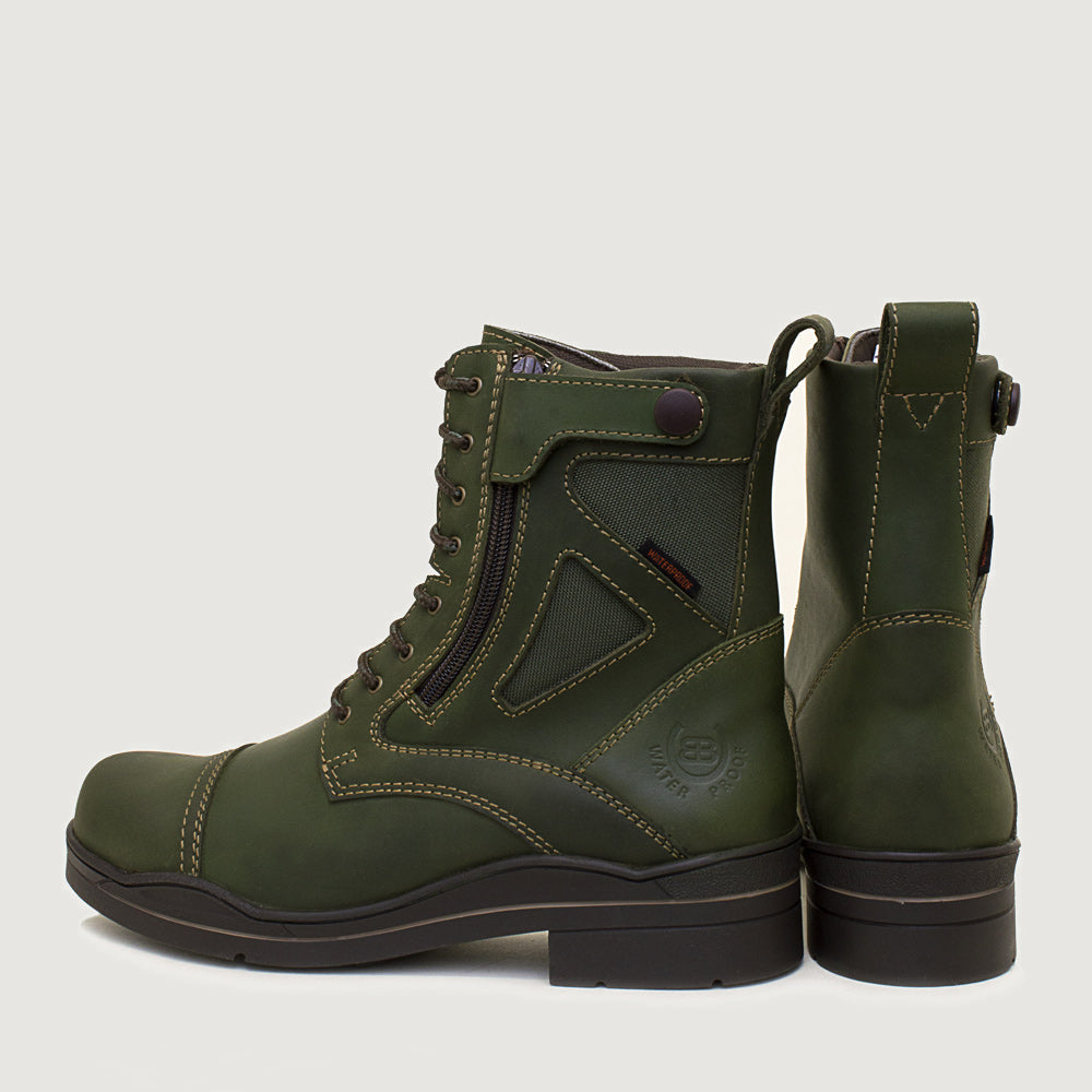 Bareback Kentucky Storm waterproof jodhpur boots in forest green, rear three-quarter view of the pair