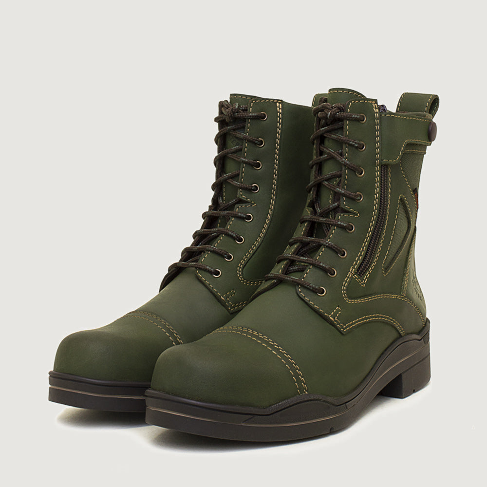 Bareback Kentucky Storm waterproof jodhpur boots in forest green, angled front view of the pair