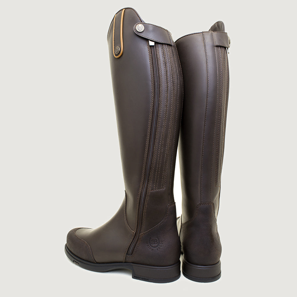 Bareback Vermont Storm waterproof long riding boots in brown, angled front view of the pair