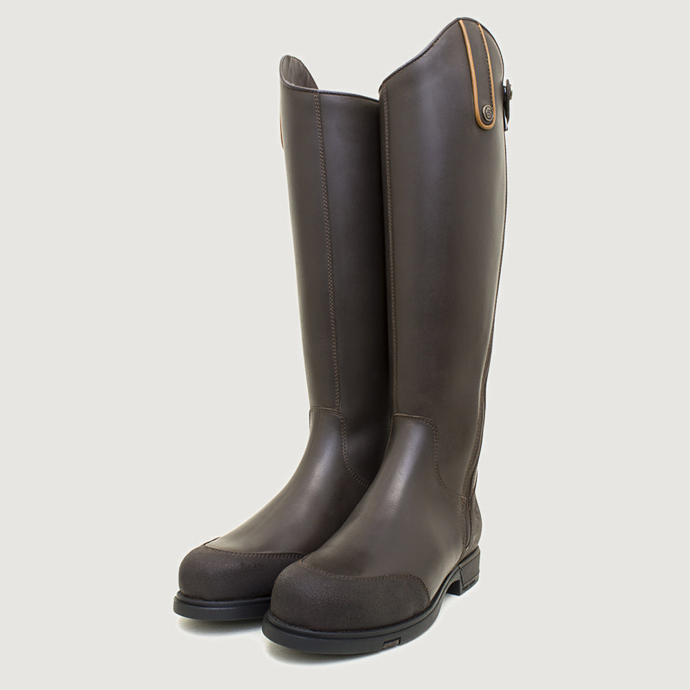 Bareback Vermont Storm waterproof long riding boots in brown, side view of a single boot