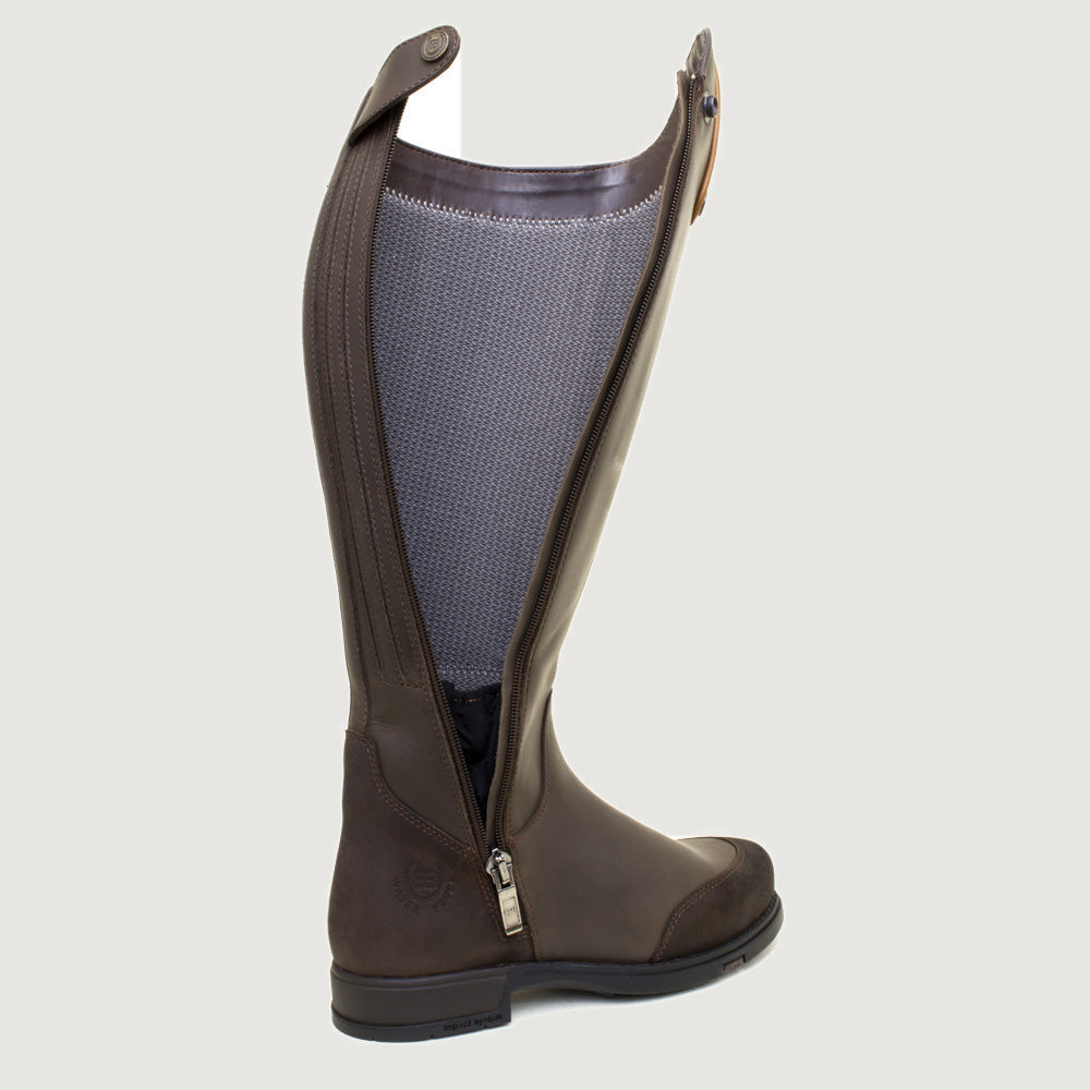 Bareback Vermont Storm waterproof long riding boots in brown, showing the full-length zip and stretch panel
