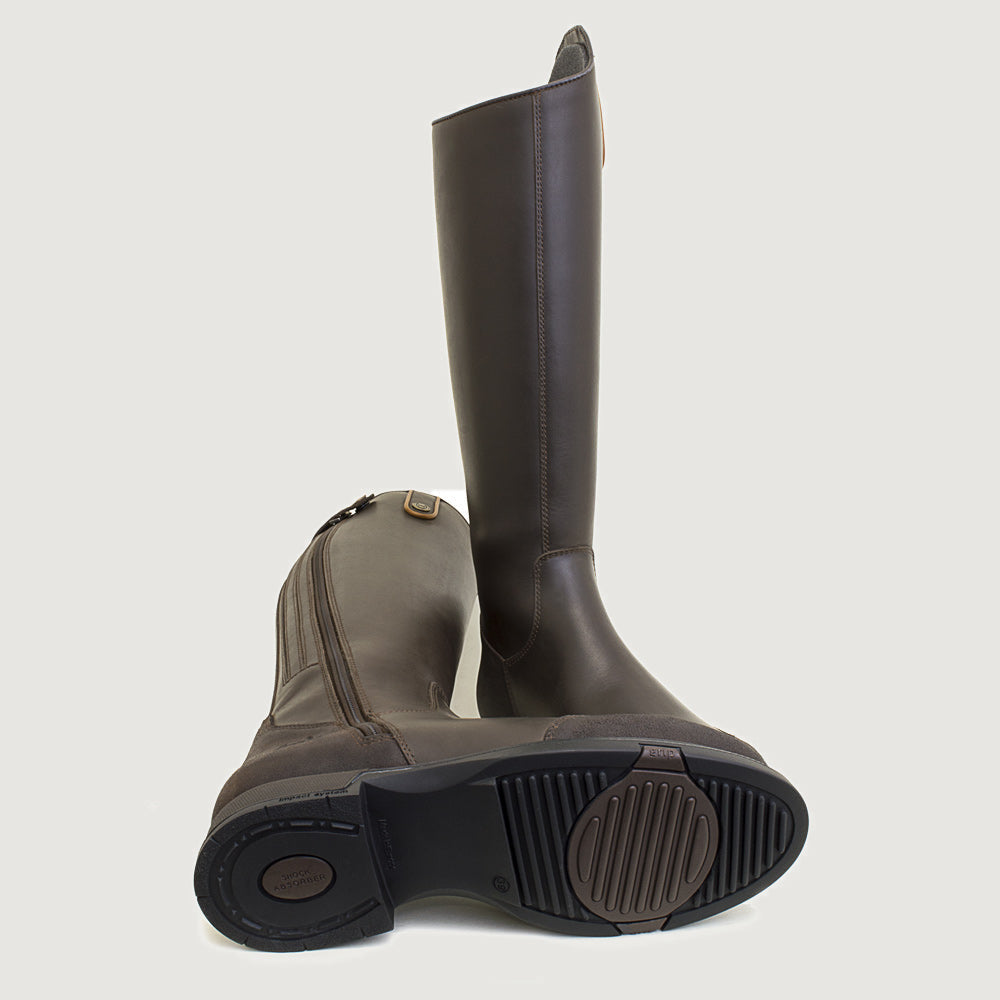 Bareback Vermont Storm waterproof long riding boots in brown, showing the rubber outsole
