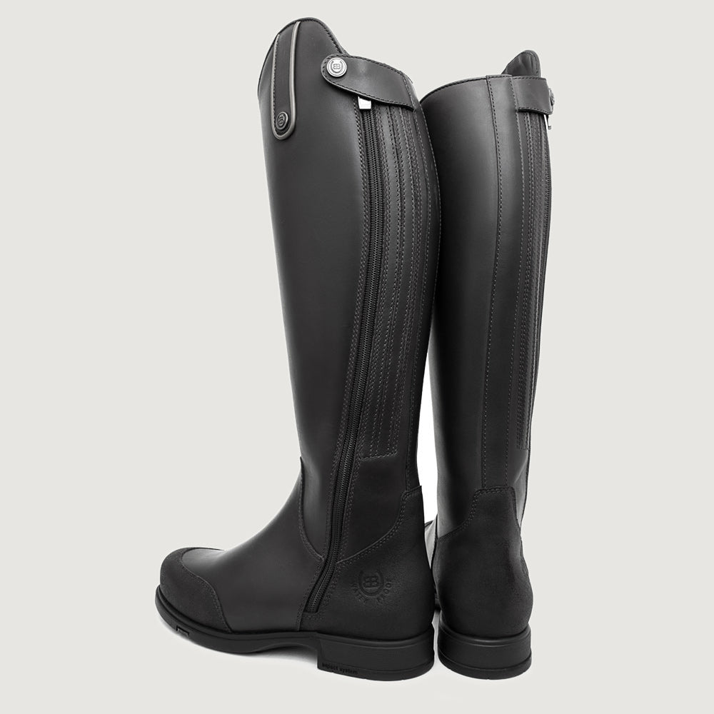 Bareback Vermont Storm waterproof long riding boots in black, angled front view of the pair