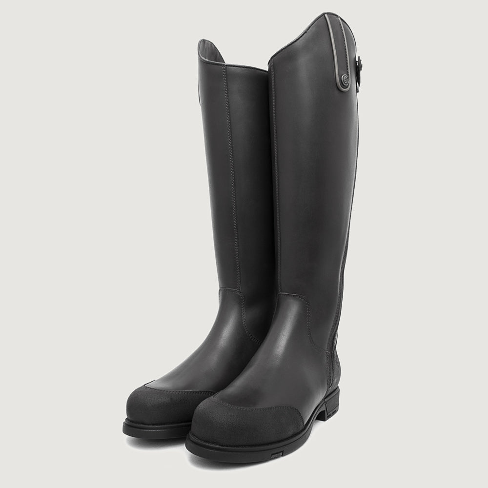 Bareback Vermont Storm waterproof long riding boots in black, side view of a single boot