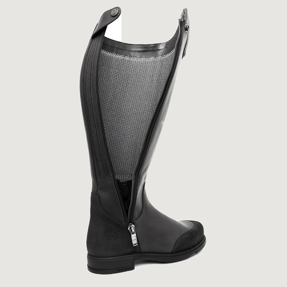 Bareback Vermont Storm waterproof long riding boots in black, showing the full-length zip and stretch panel