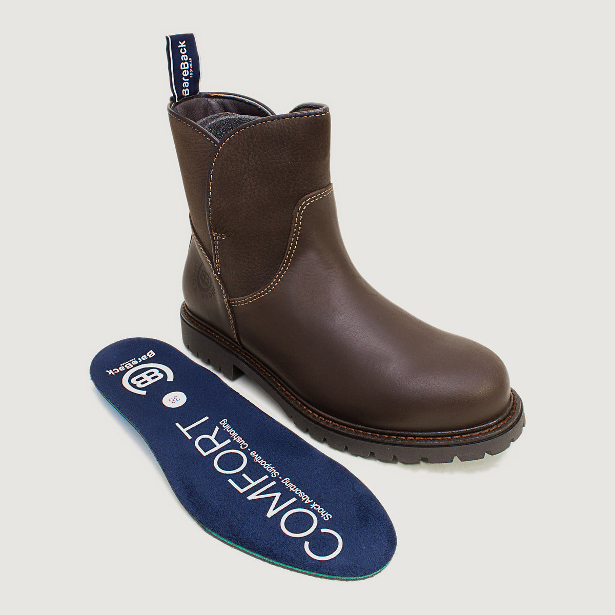 Bareback Quebec waterproof ankle boots in brown leather, shown with the removable BareBack Comfort insole