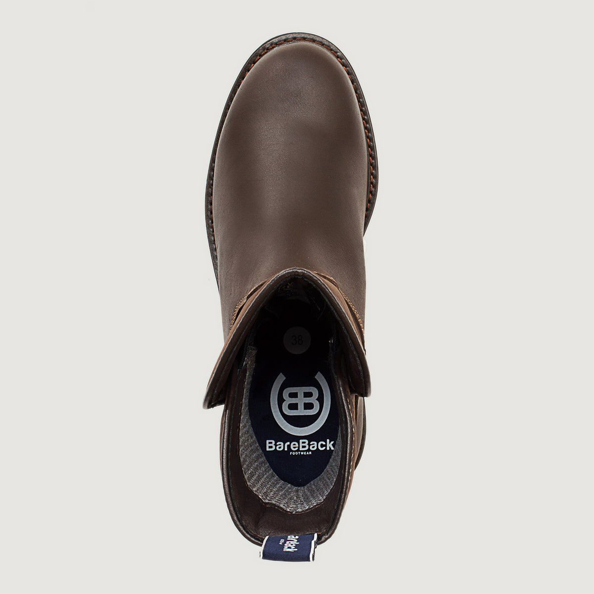 Bareback Quebec waterproof ankle boots in brown leather, top-down view into the boot showing the size tag and BareBack branding