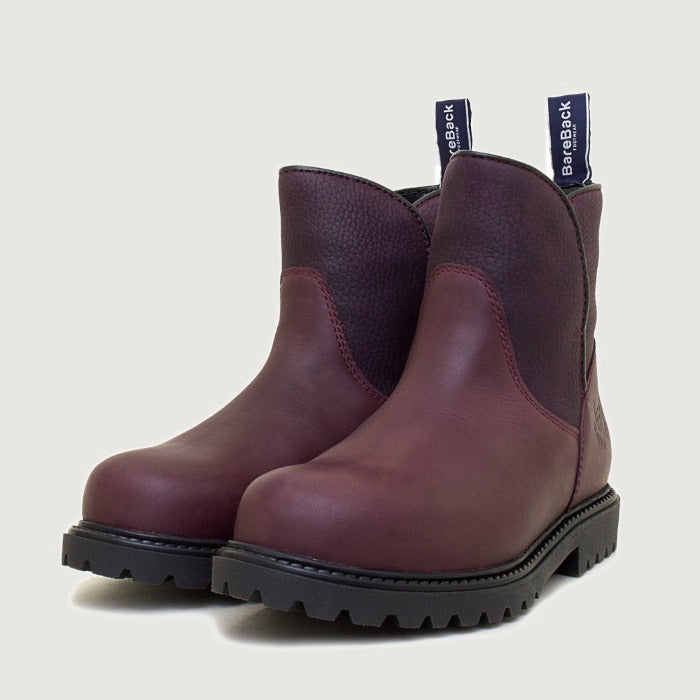 Bareback Quebec waterproof ankle boots in bordeaux, angled front view of the pair
