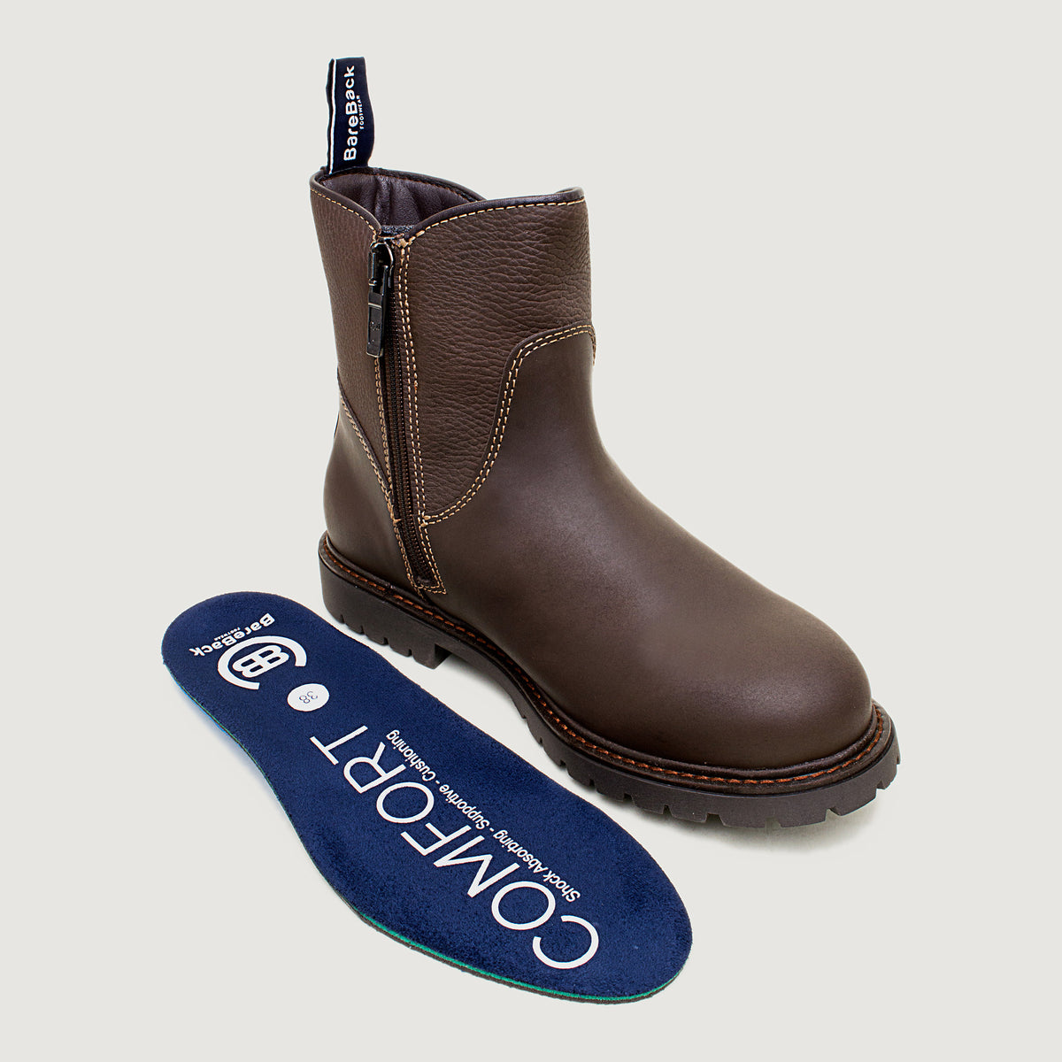 Bareback Quebec zip up waterproof ankle boots in brown leather, shown with the removable BareBack Comfort insole