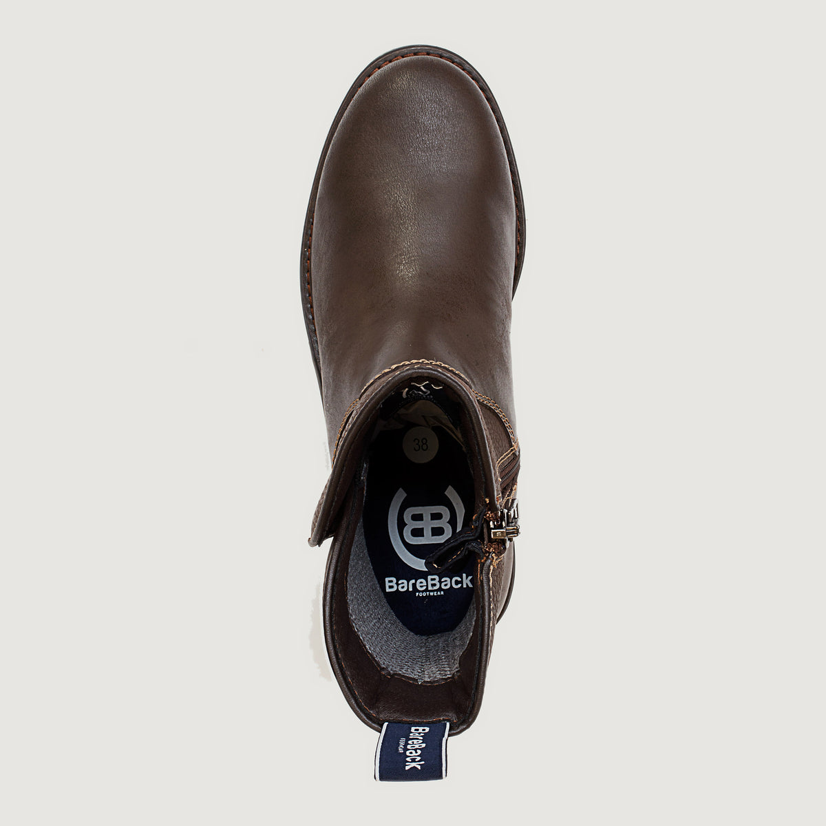 Bareback Quebec zip up waterproof ankle boots in brown leather, top-down view into the boot showing the zip fastening and size tag