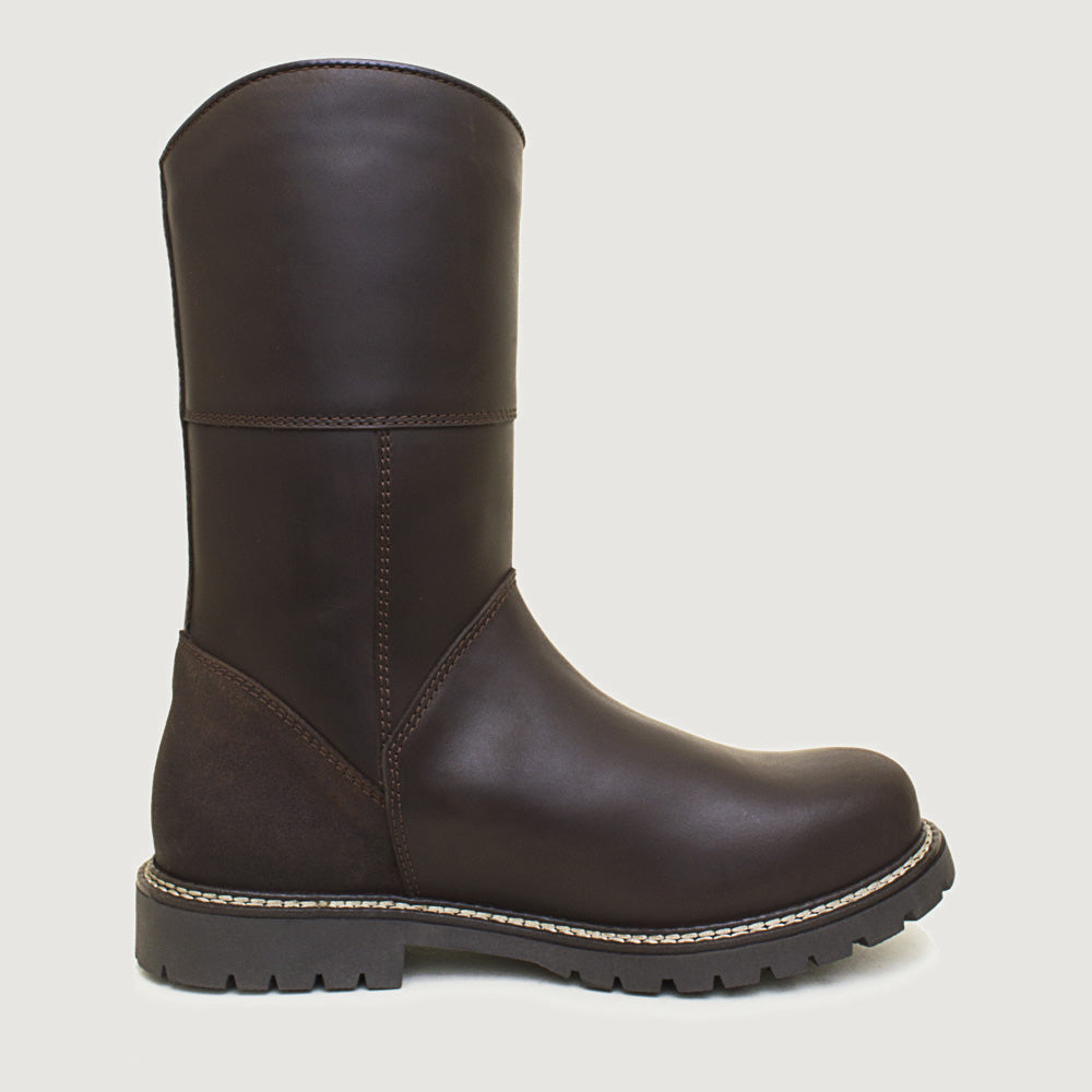 Bareback Hudson Mid waterproof boots in chocolate, side view of a single boot
