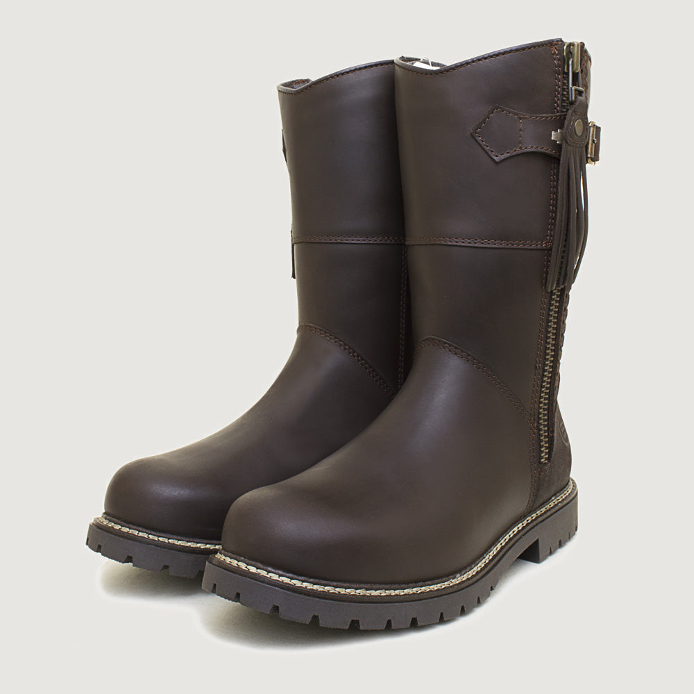 Bareback Hudson Mid waterproof boots in chocolate, angled view of the pair showing the side zip