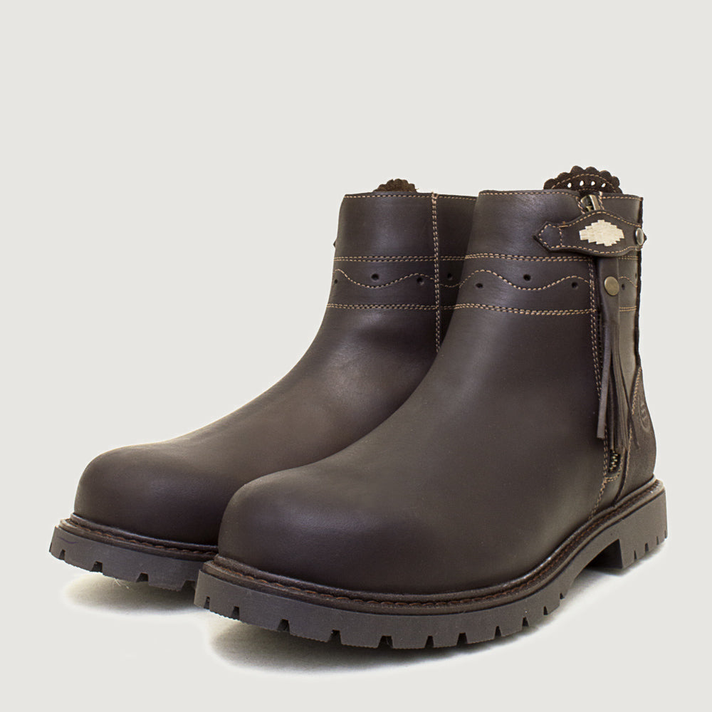Bareback Hudson waterproof ankle boots in chocolate, angled front view of the pair
