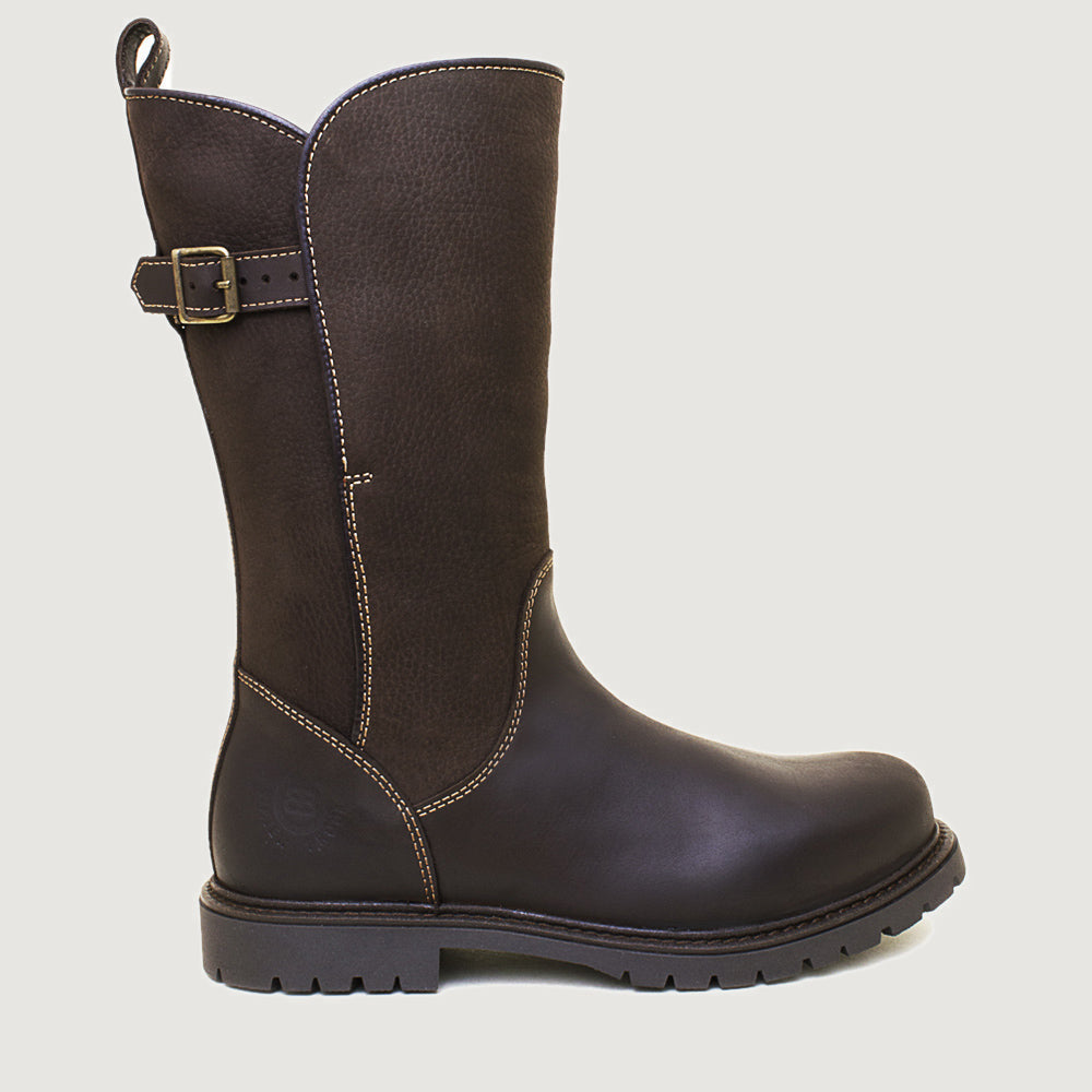 Bareback Quebec zip up waterproof mid calf boots in brown, side view with buckle strap