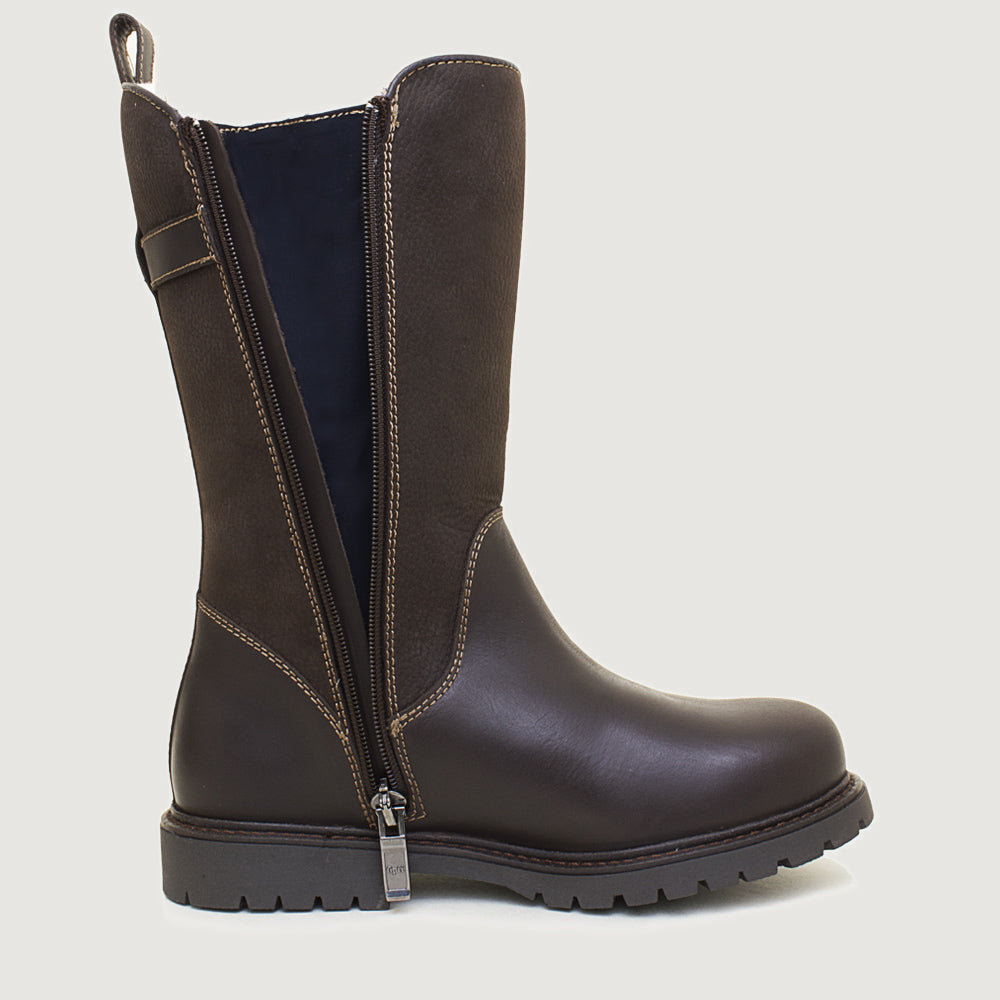 Bareback Quebec zip up waterproof mid calf boots in brown, side view showing the full-length zip