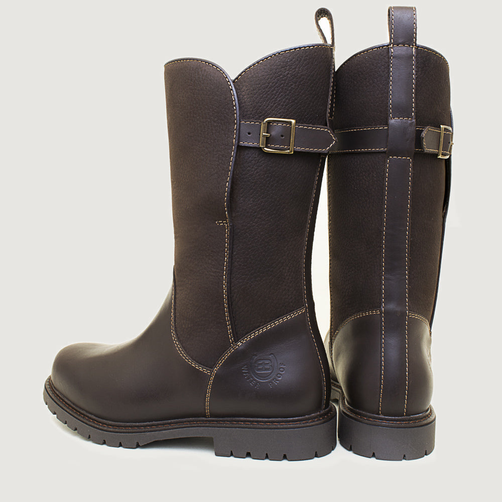 Bareback Quebec zip up waterproof mid calf boots in brown, rear view of the pair
