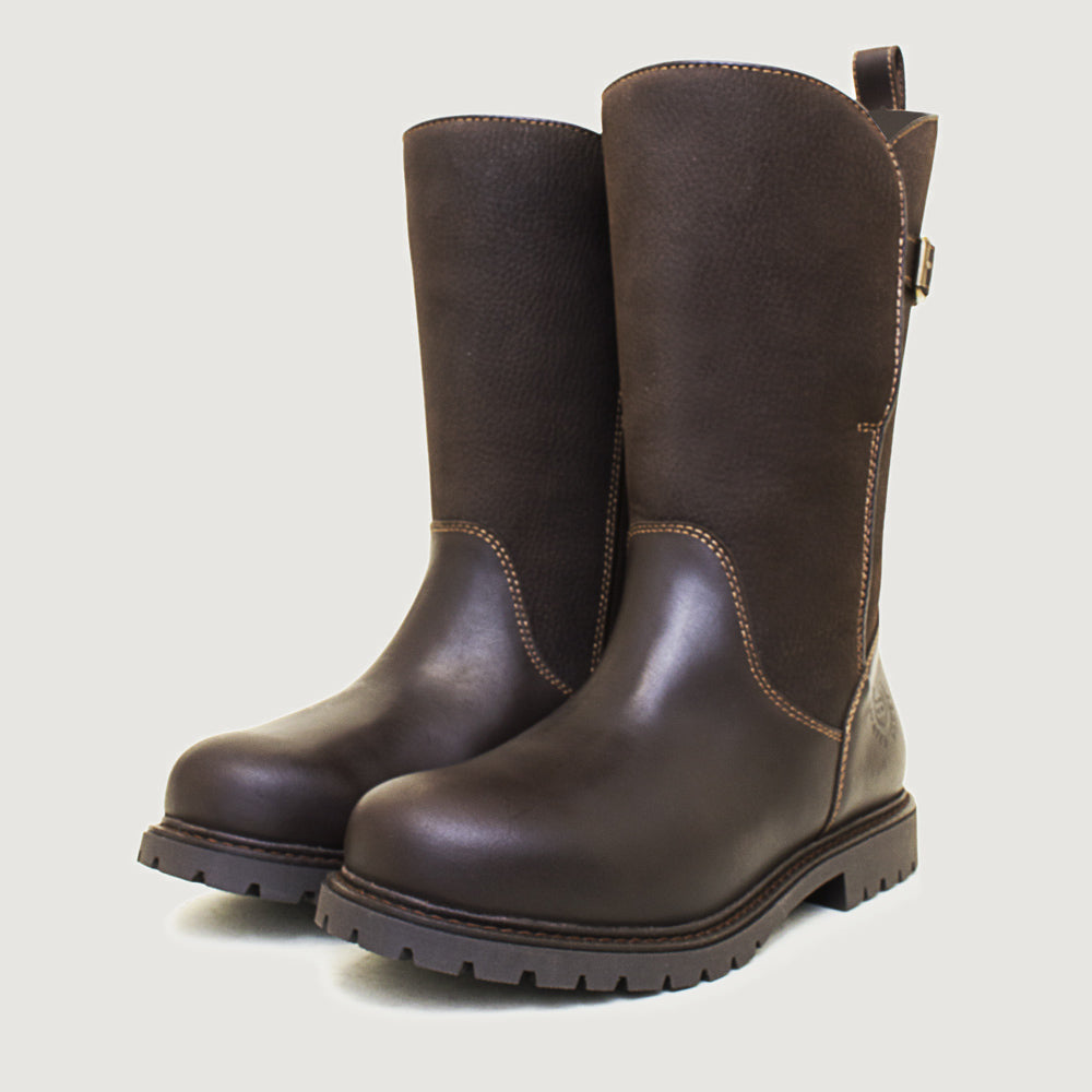 Bareback Quebec zip up waterproof mid calf boots in brown, angled front view of the pair