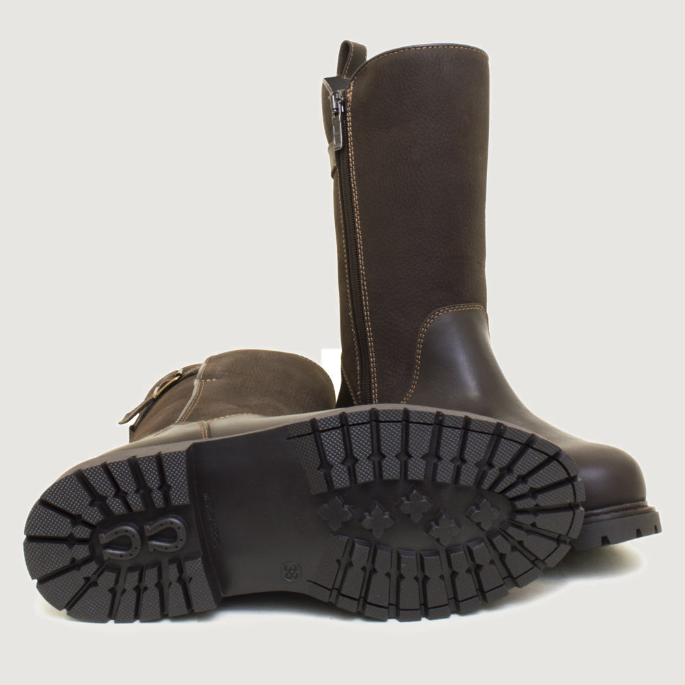 Bareback Quebec zip up waterproof mid calf boots in brown, showing the cleated rubber outsole