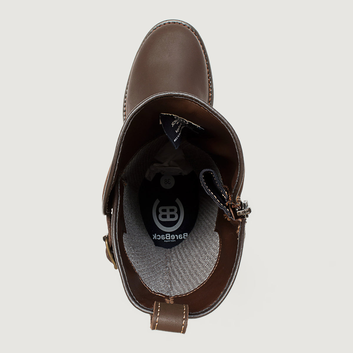 Bareback Quebec waterproof zip-up mid-calf boots in brown leather, top-down view into the boot showing the zip fastening and lining