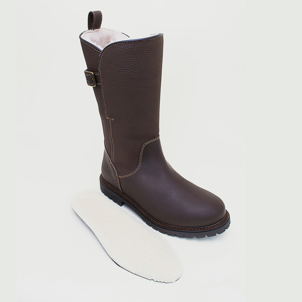 Bareback Quebec waterproof zip-up wool lined boots in brown leather, shown with the removable wool-lined insole