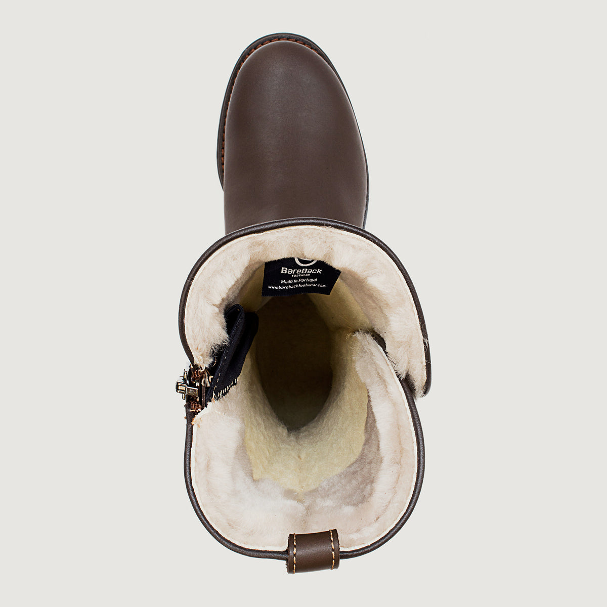 Bareback Quebec waterproof zip-up wool lined boots in brown leather, top-down view into the boot showing the wool lining